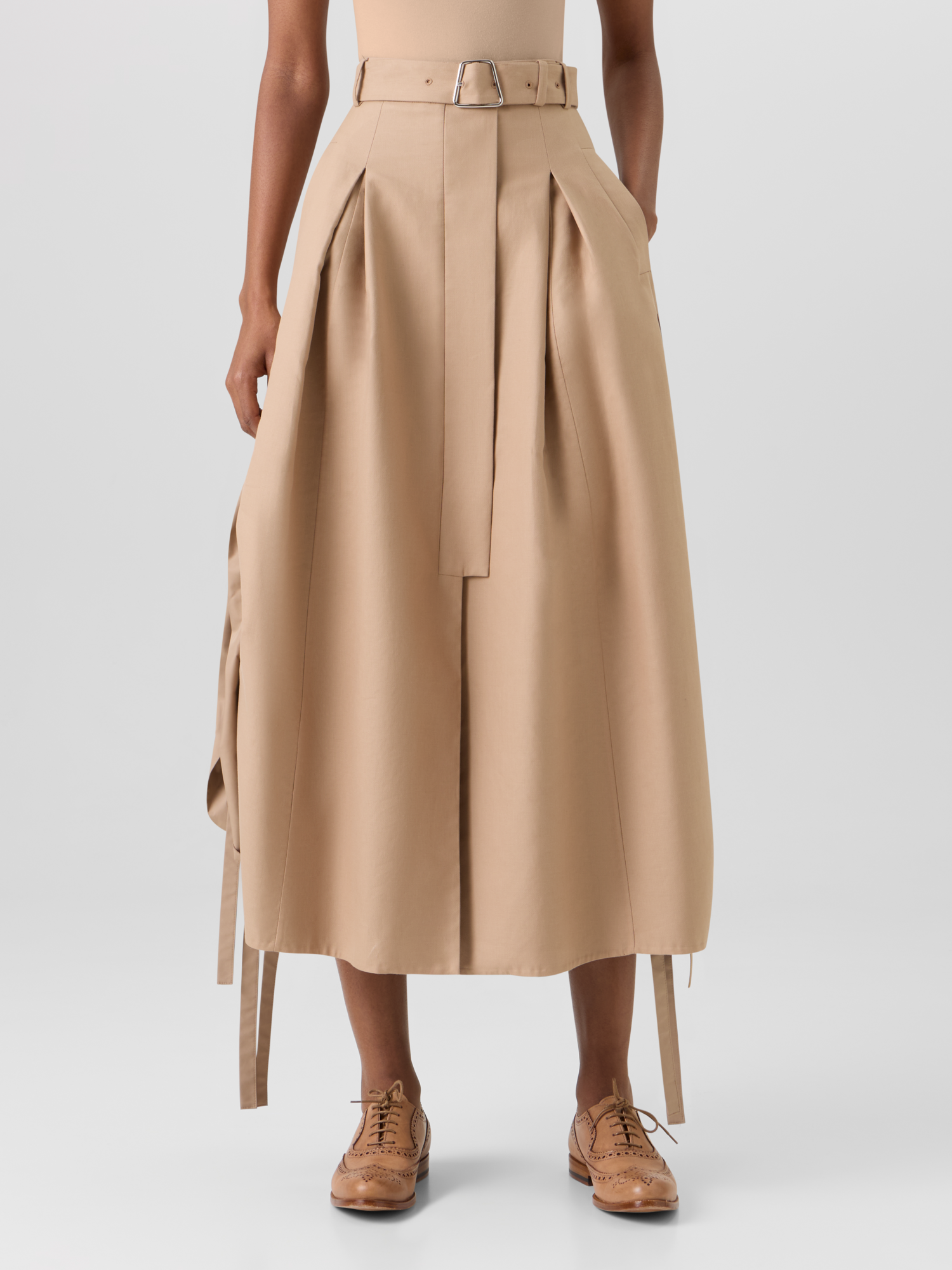 Designer Flared Cotton Double-Face Midi Skirt - beige 