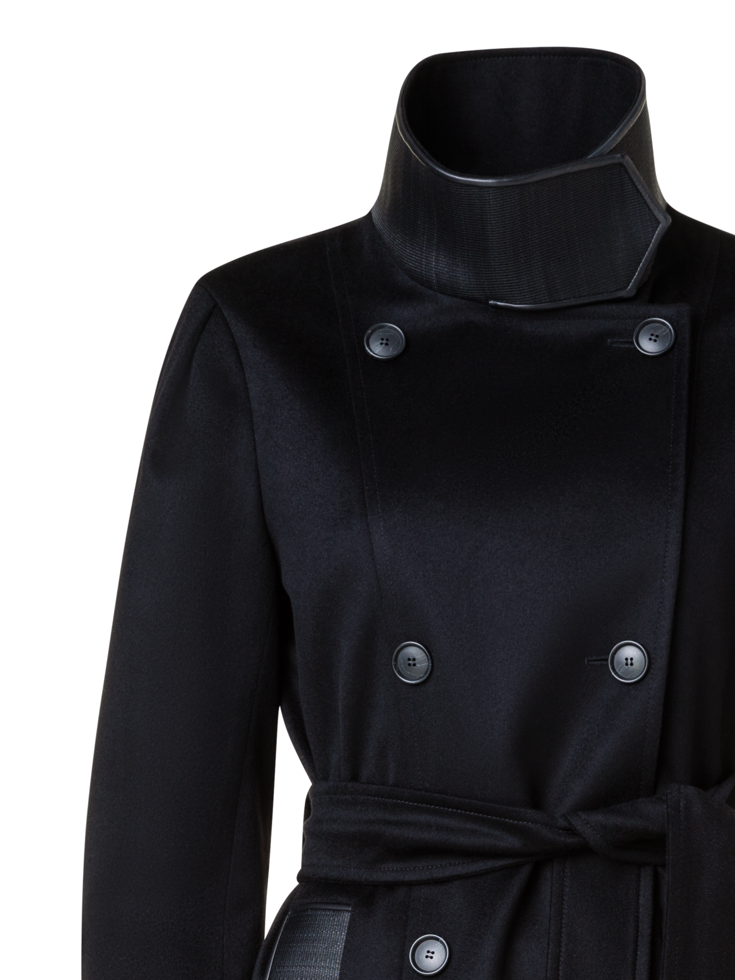 Designer Cashmere Coat with Horsehair Collar and Pocket - black