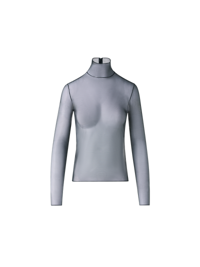 Designer Sheer Fitted Mock Neck Top in Stretch Tulle - black - neutral