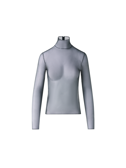 Designer Sheer Fitted Mock Neck Top in Stretch Tulle - black - neutral