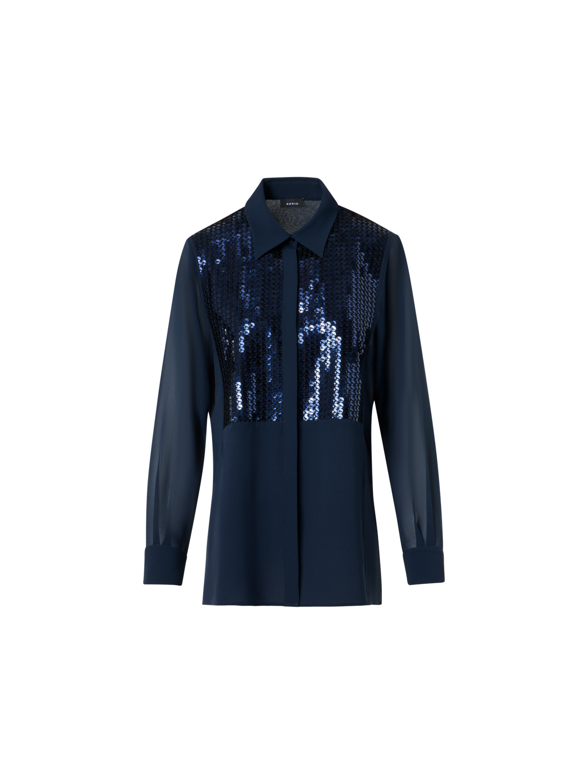 Designer Silk Georgette Blouse with Sequins Plastron - navy - blue