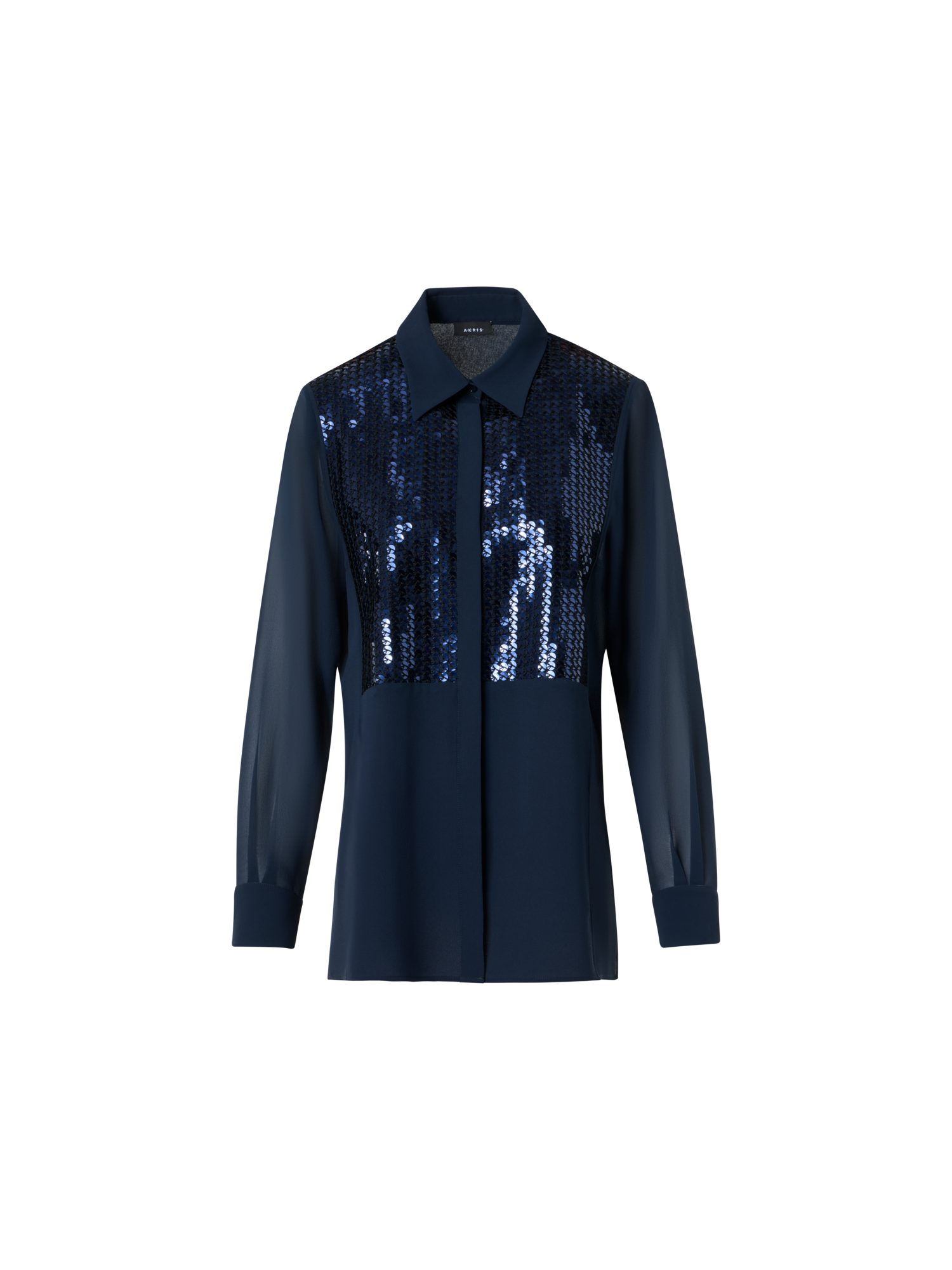 Designer Silk Georgette Blouse with Sequins Plastron - navy - blue