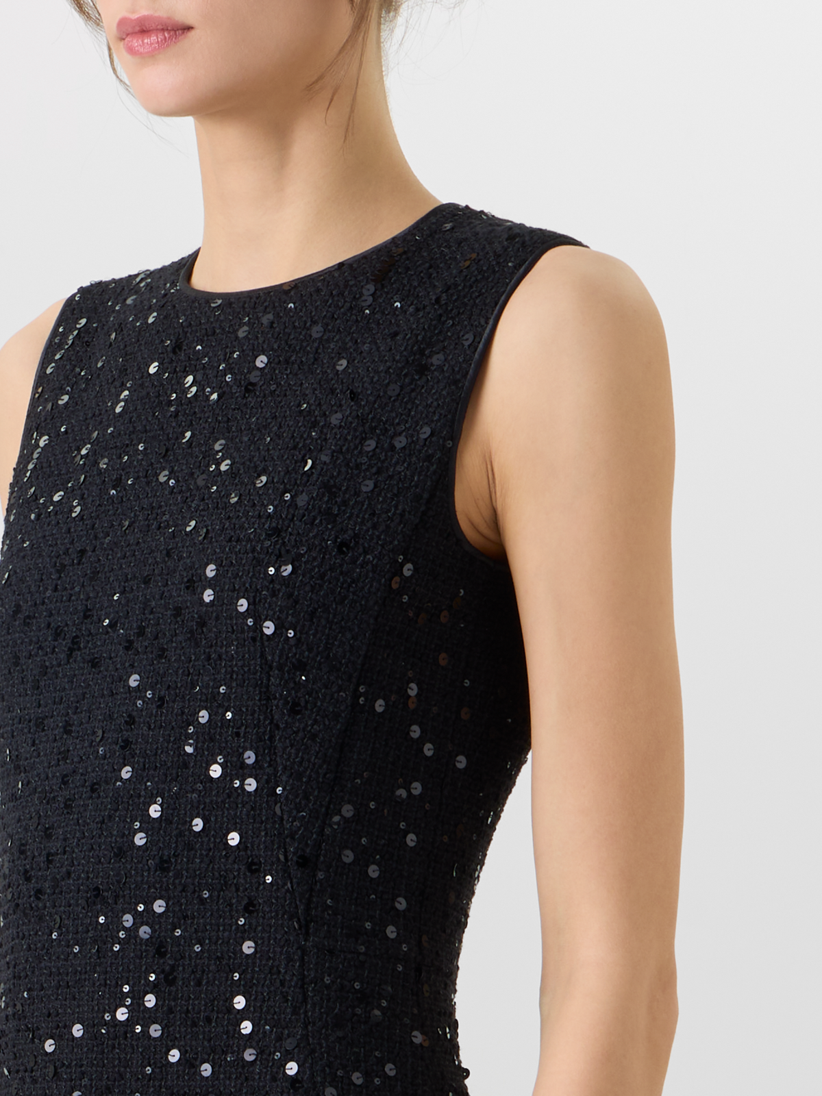 Designer Sleeveless Cotton-Wool Tweed Midi Sheath Dress with Sequins - black #editorial