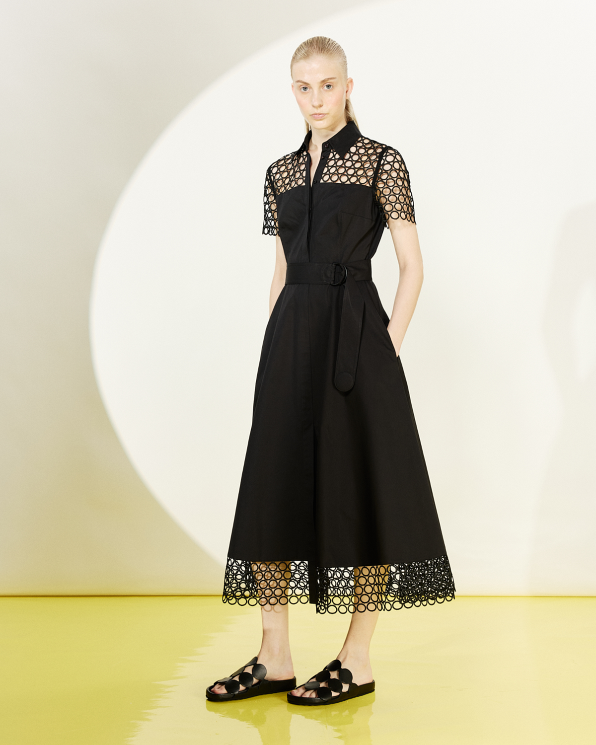 Designer Cotton Midi Dress with Eyelet Guipure - black #editorial