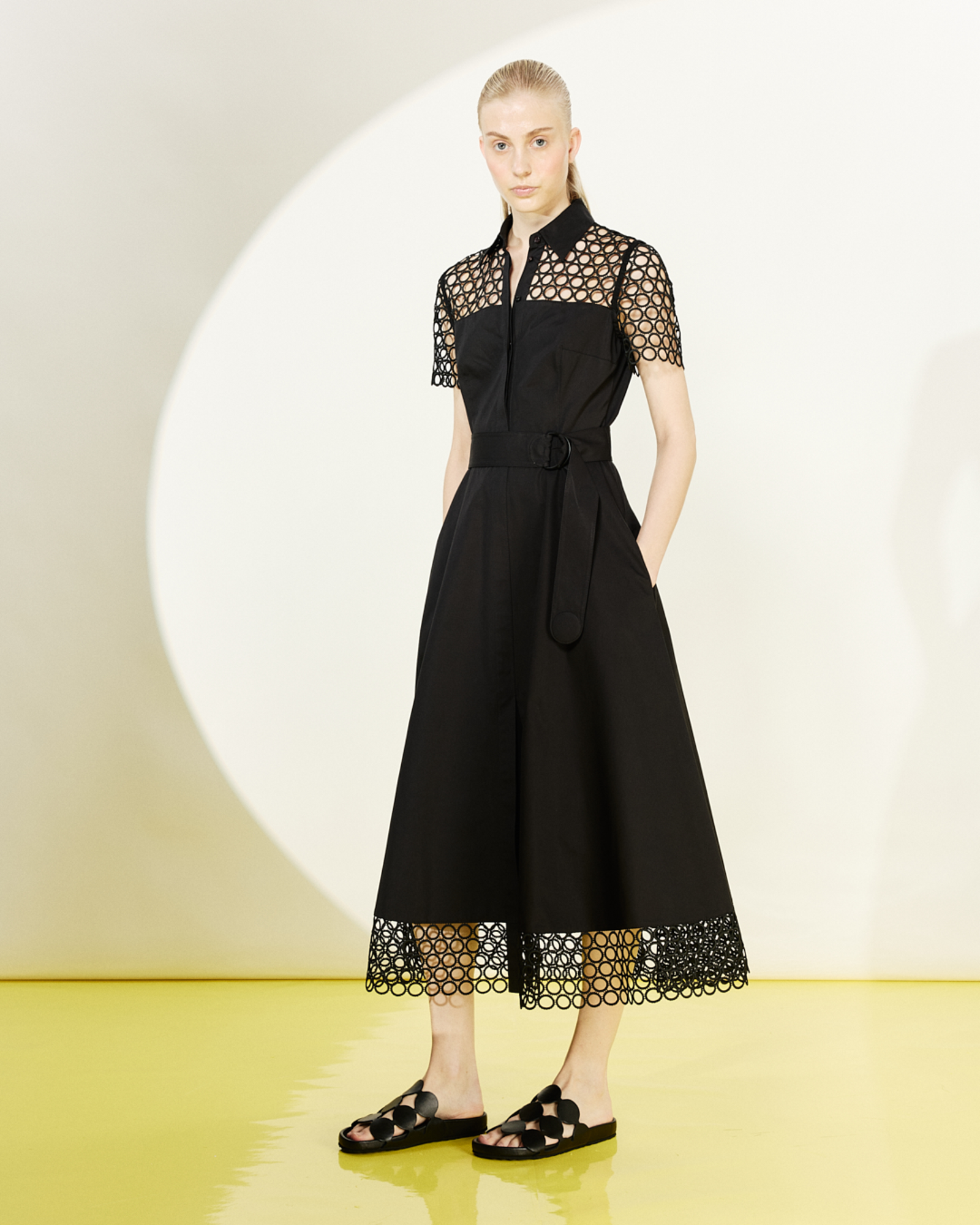 Designer Cotton Midi Dress with Eyelet Guipure - black 