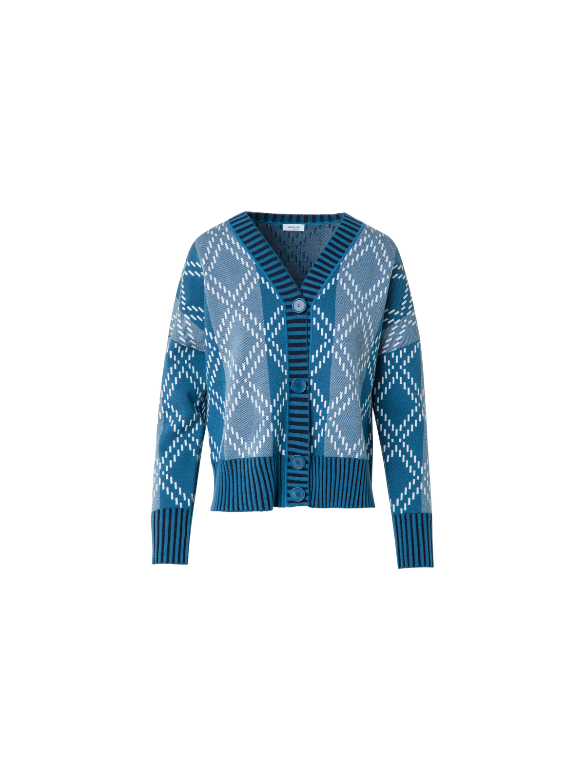 Designer Merino Cardigan with Diamond Jacquard - blue - multicolor