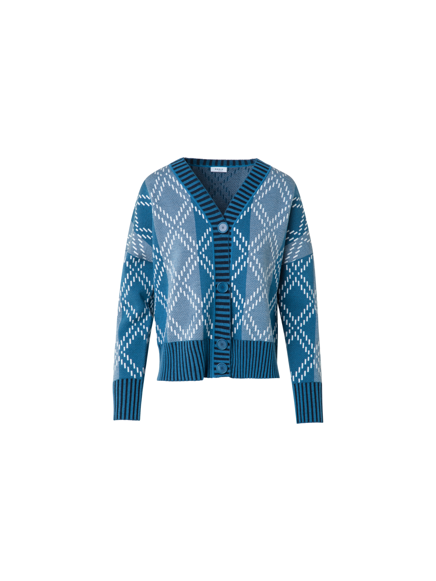 Designer Merino Cardigan with Diamond Jacquard - blue - multicolor