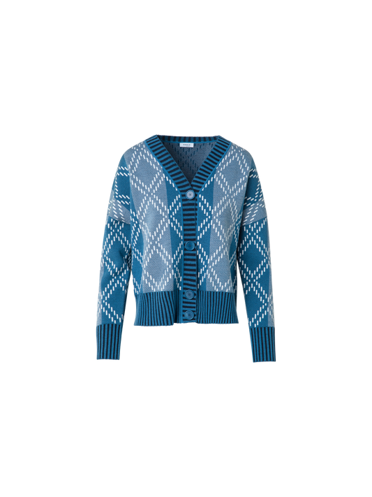 Designer Merino Cardigan with Diamond Jacquard - blue - multicolor
