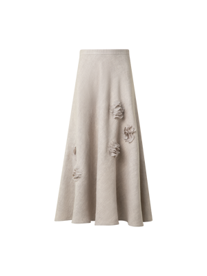 Designer Linen Midi Skirt with 3D Carnation Detail - neutral - pastel - beige