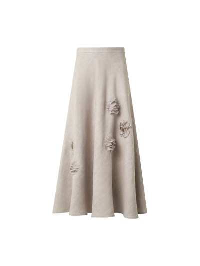 Designer Linen Midi Skirt with 3D Carnation Detail - neutral - pastel - beige