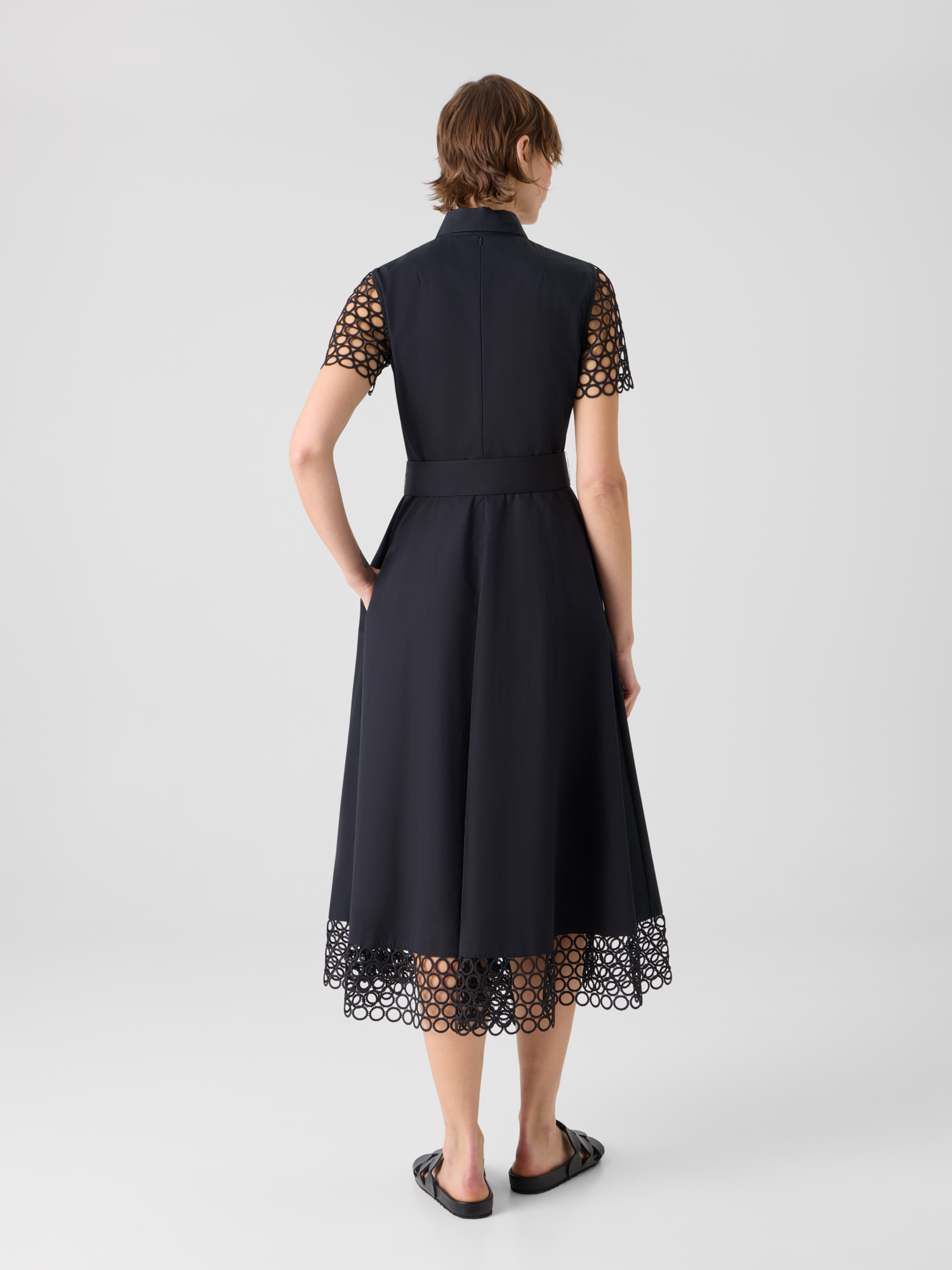 Designer Cotton Midi Dress with Eyelet Guipure - black