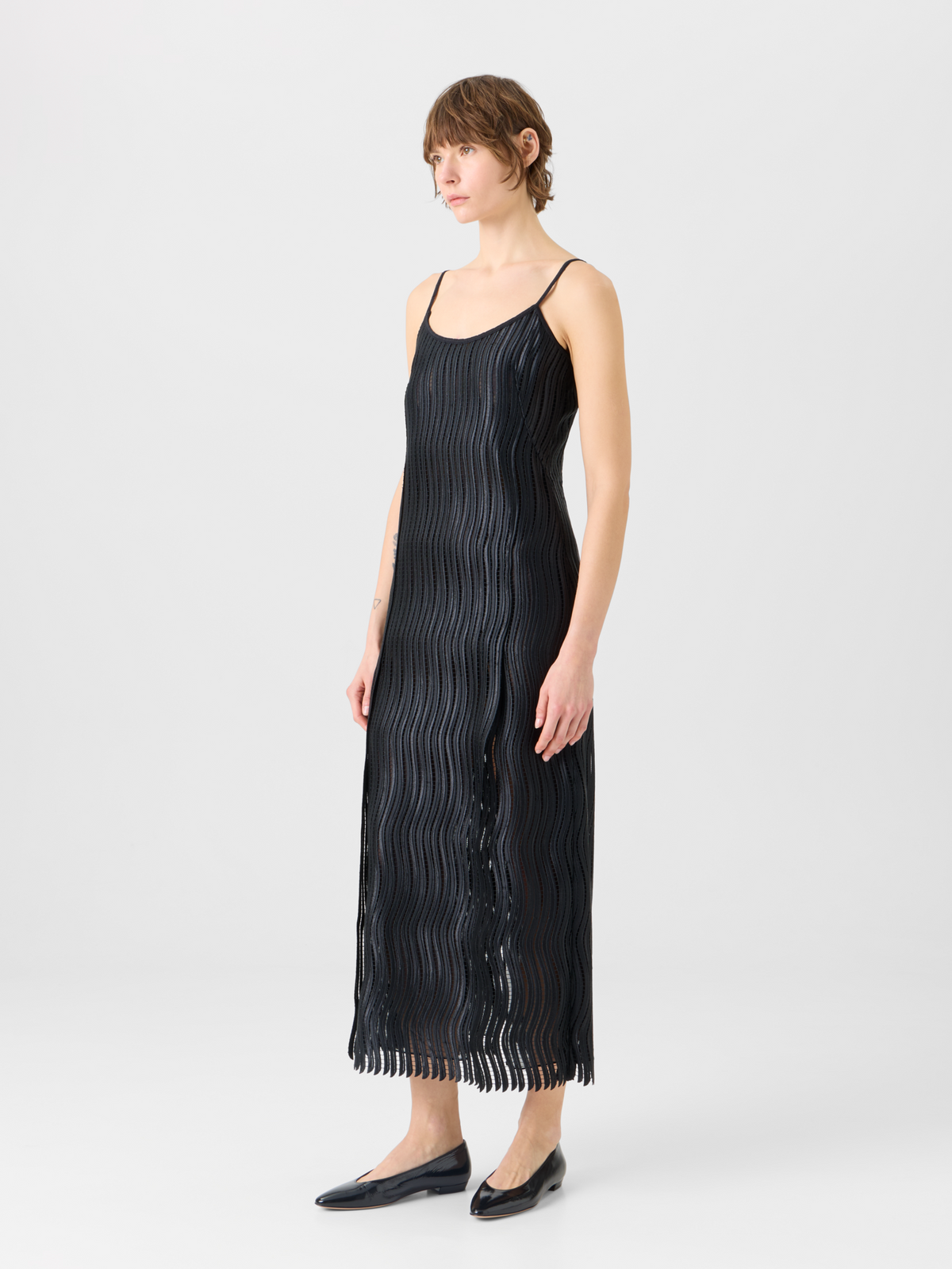 Designer Strap Midi Dress in Wave Guipure - black #editorial