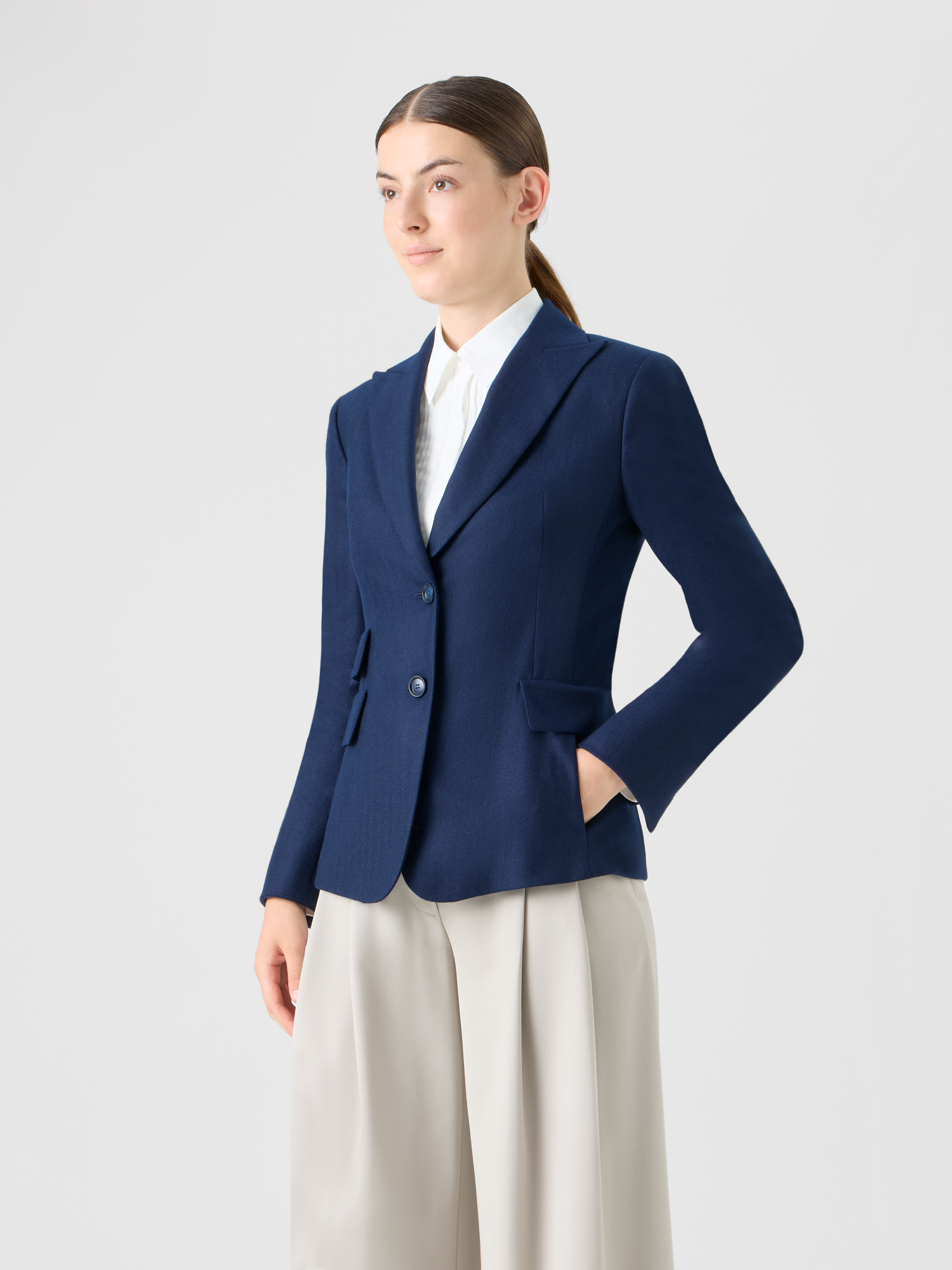 Designer Cashmere Herringbone Two-Button Blazer - navy - blue 