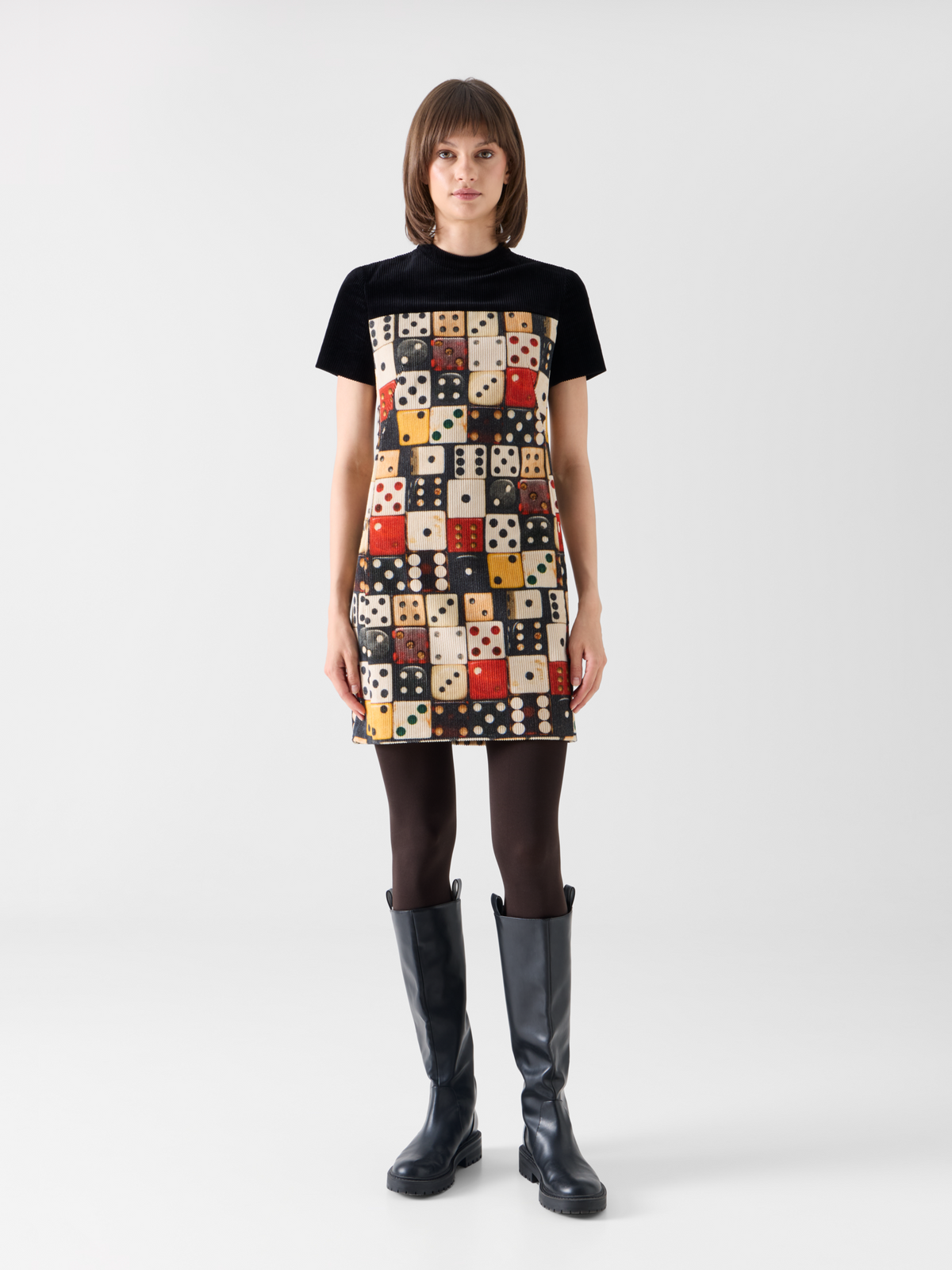 Designer Mini Dress in Cotton Corduroy with Dice Print - multicolor - black 