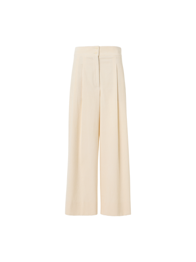Designer Cropped Wide Pleated Pants in Cotton Corduroy - ecru