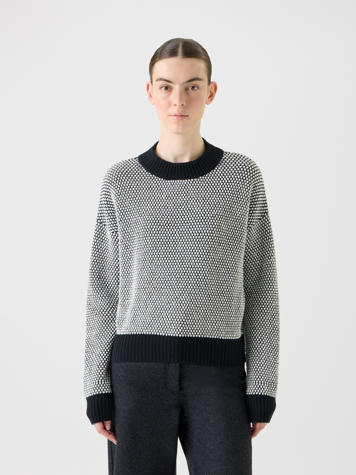 Designer Wool Cashmere 3D Dot Jacquard Knit Sweater - black - neutral - grey - multicolor #editorial