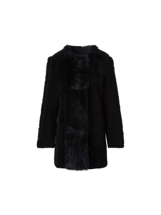 Designer Straight Patchwork Shearling Short Coat - black - neutral
