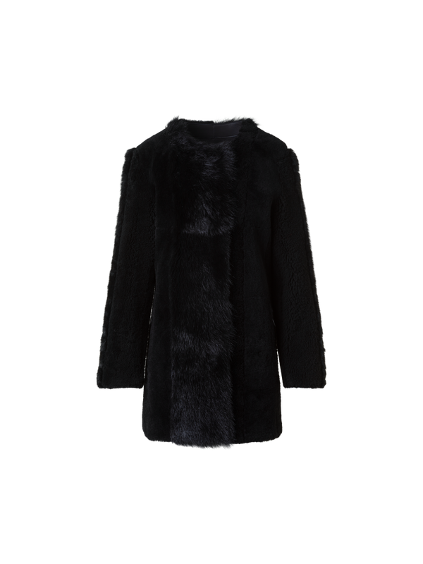 Designer Straight Patchwork Shearling Short Coat - black - neutral