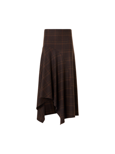 Designer Midi Skirt in Check Flannel with Handkerchief Hem - brown