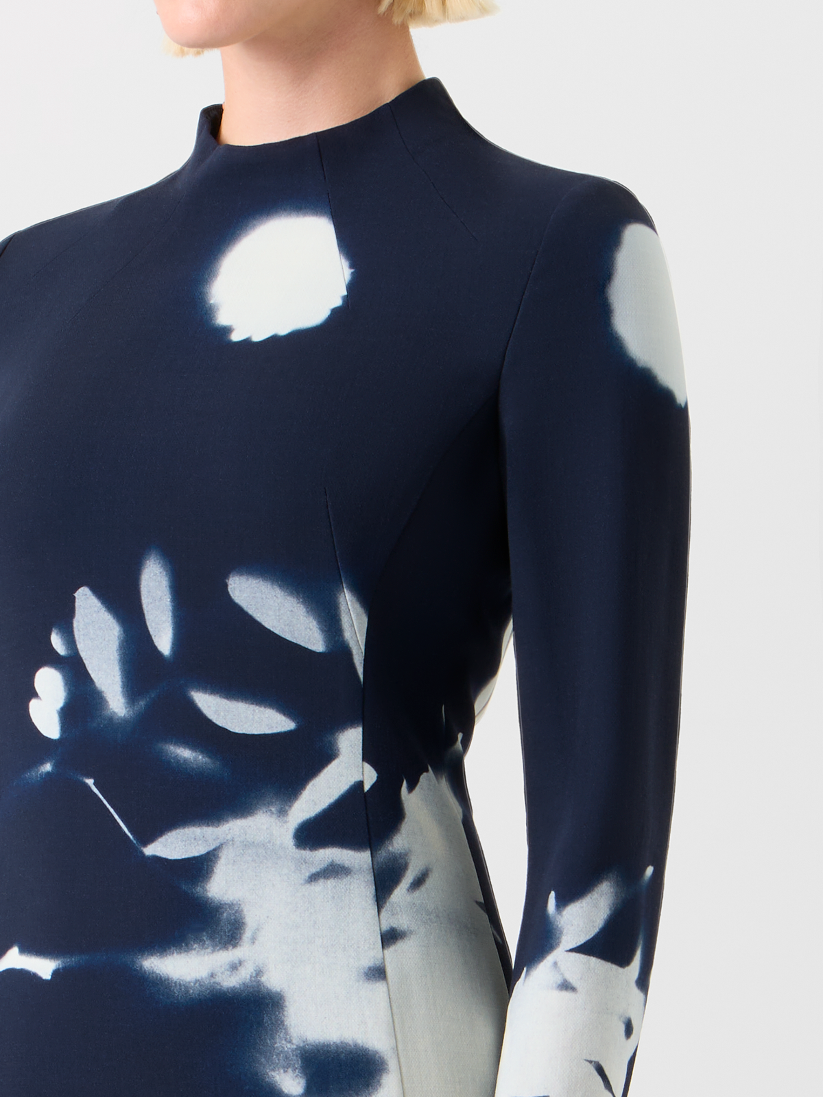 Designer Short Wool Mock Neck Dress in Wildflower Print - neutral - navy - blue - multicolor #editorial