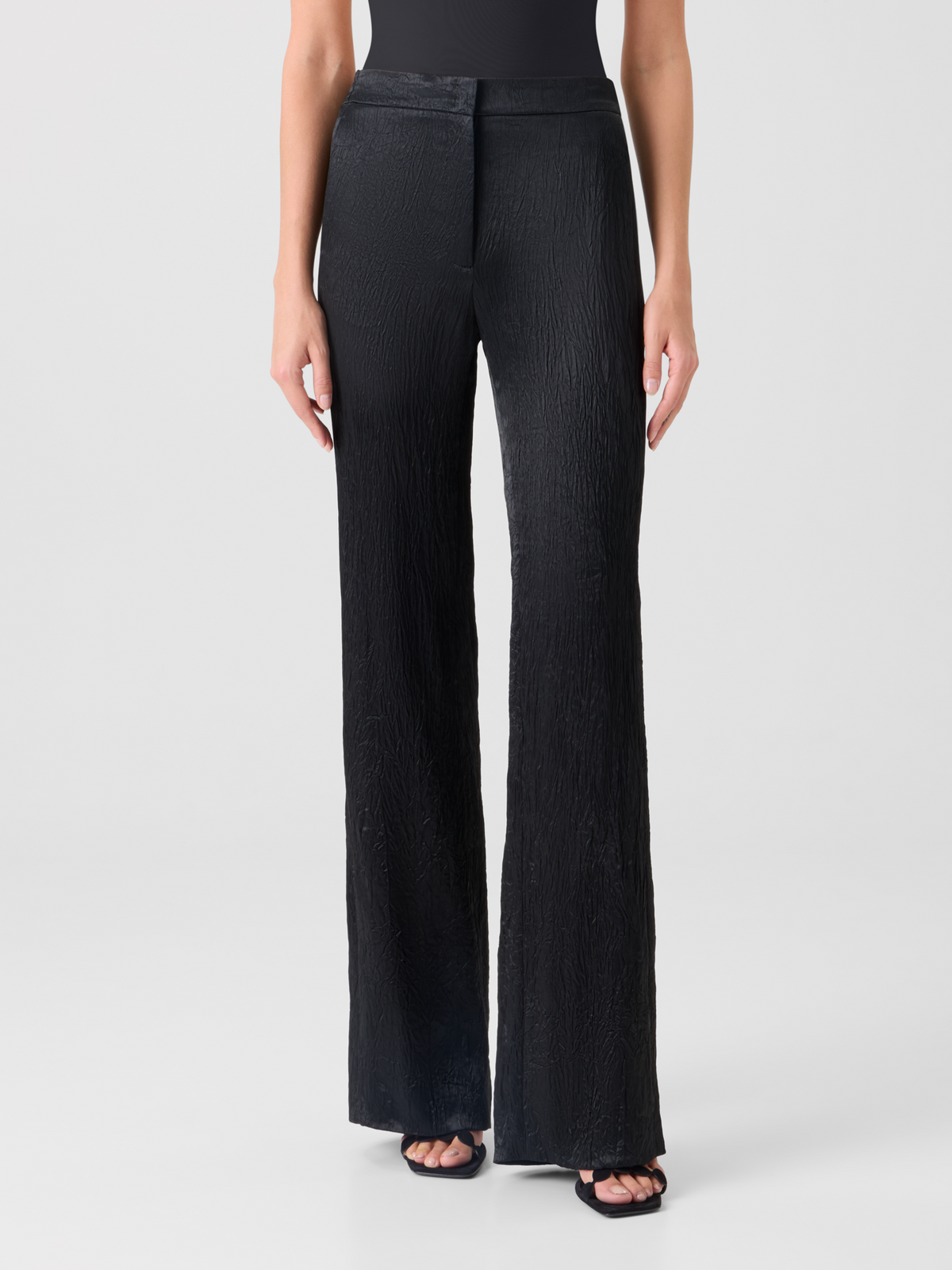 Designer Marla Elastic Waist Crinkled Satin Straight Pants - black #editorial