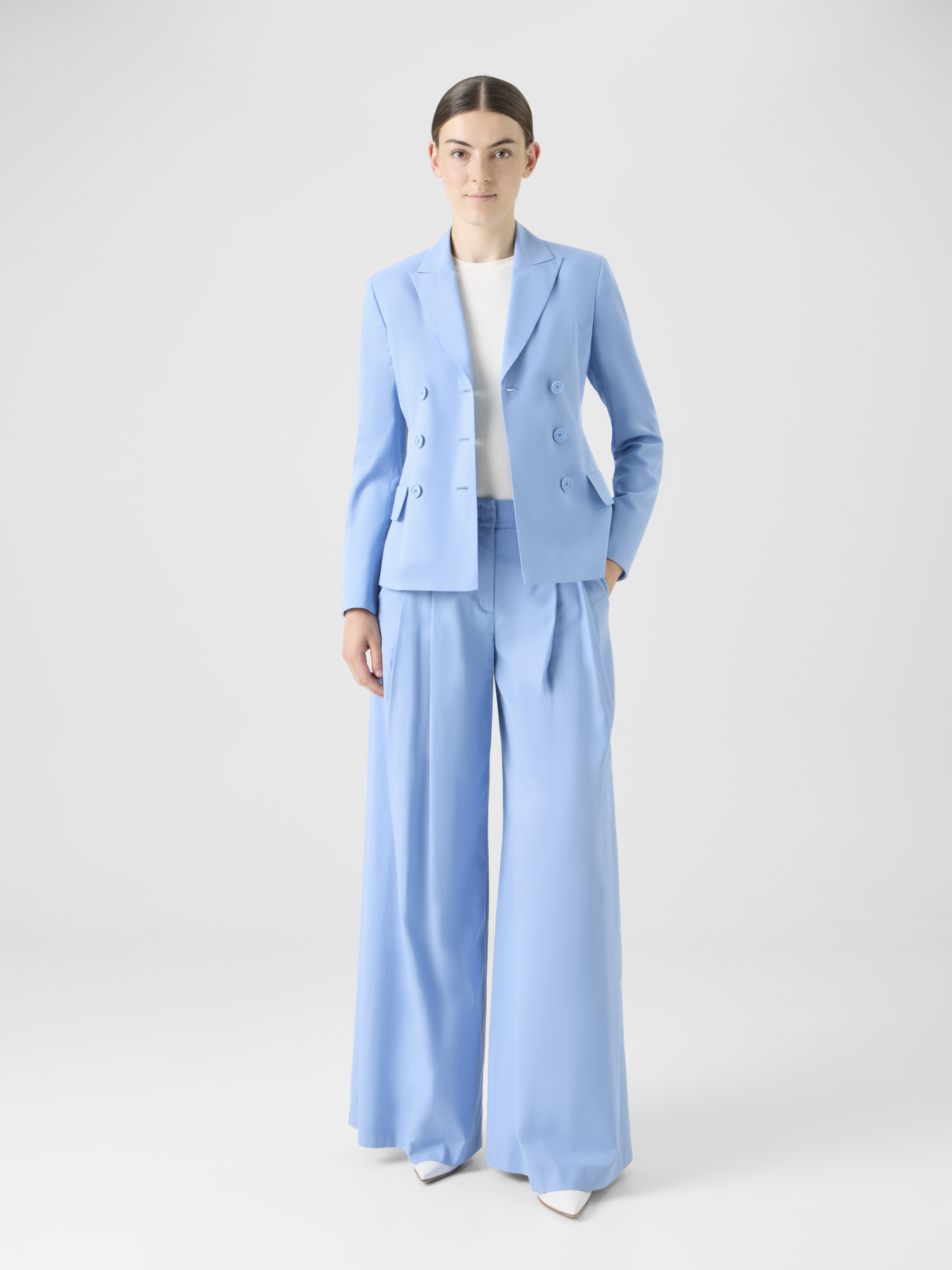 Designer Cotton Stretch Gabardine Wide-Leg Pants - navy - blue 