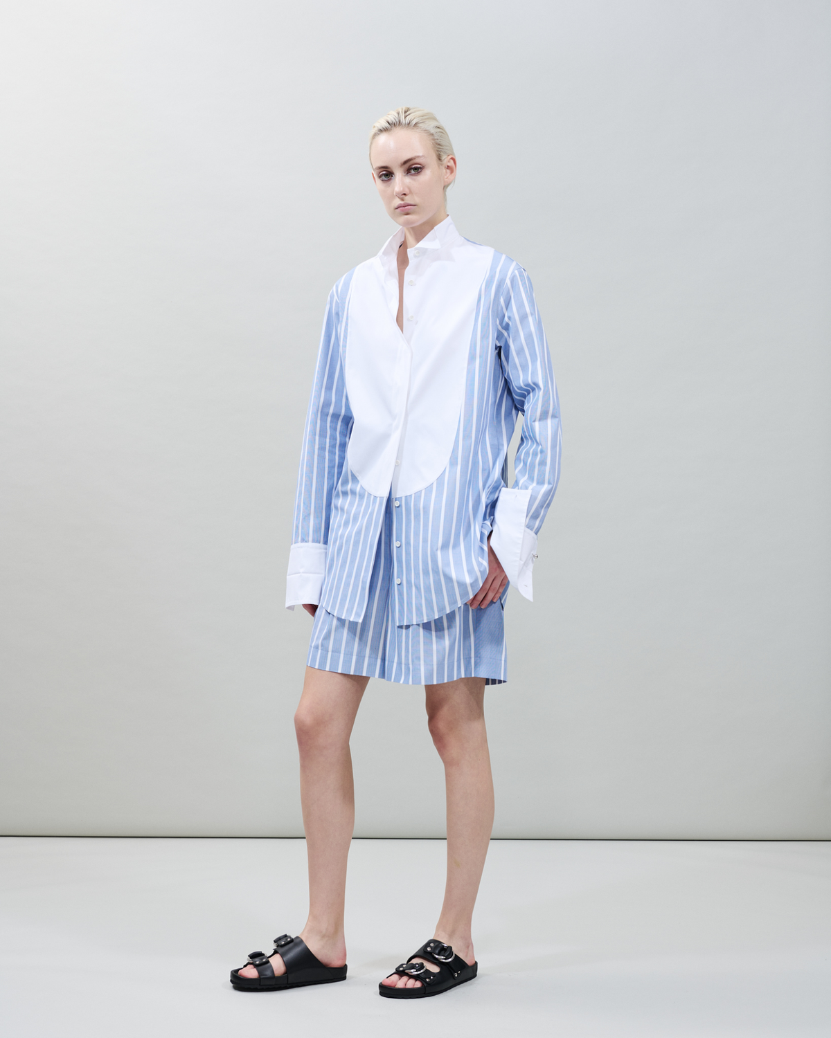 Designer Striped Cotton Tunic Blouse with Big Plastron - blue - multicolor #editorial