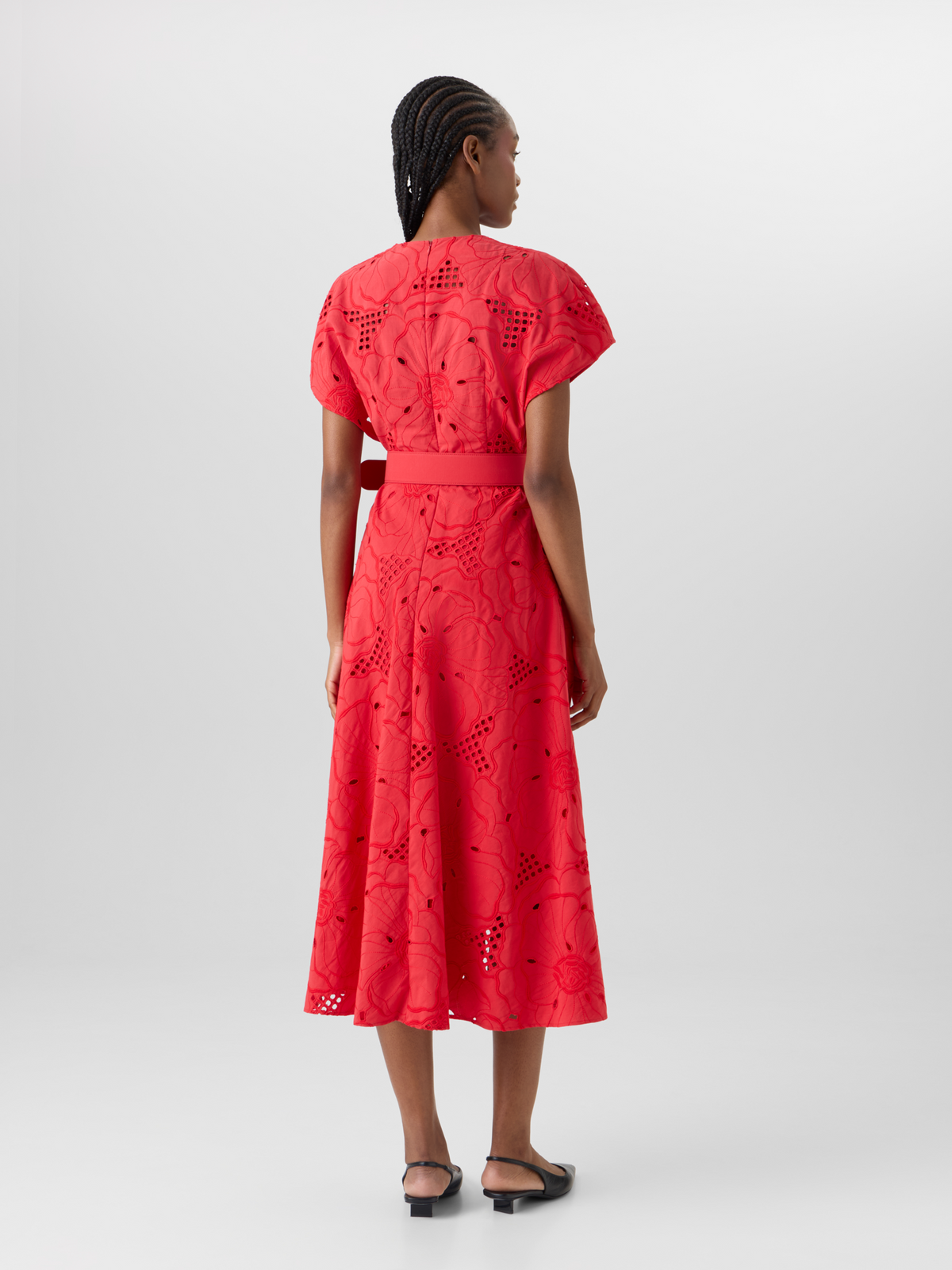 Designer Flower Eyelet Midi Dress - red #editorial