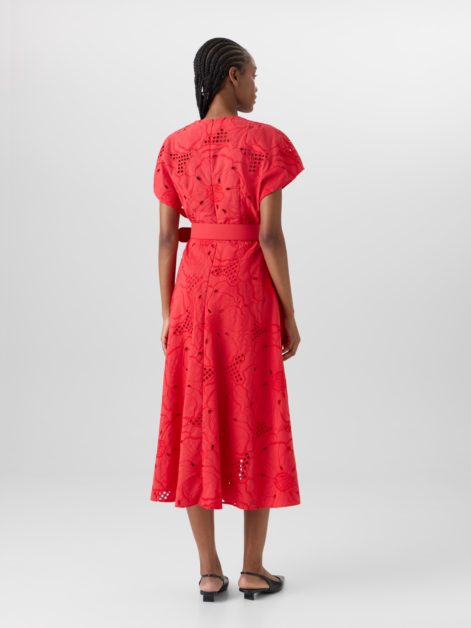 Designer Flower Eyelet Midi Dress - red 