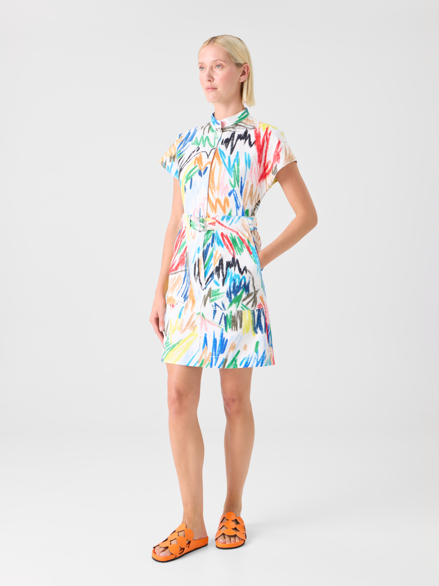 Designer Belted Scribble Print Cotton Denim Mini Dress - multicolor - ecru