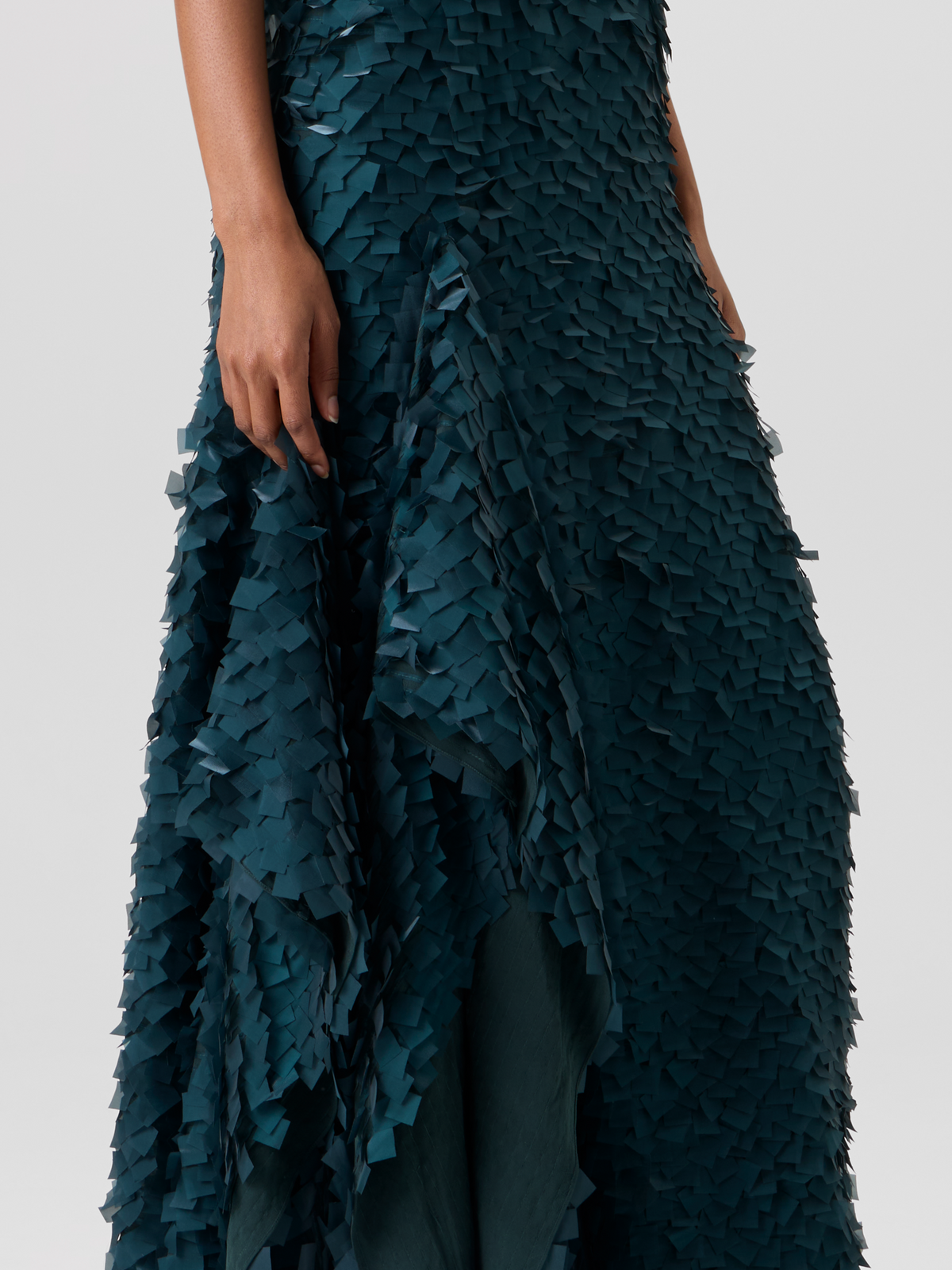 Designer Asymmetrical Gown in Layered Organza Tiles - green 