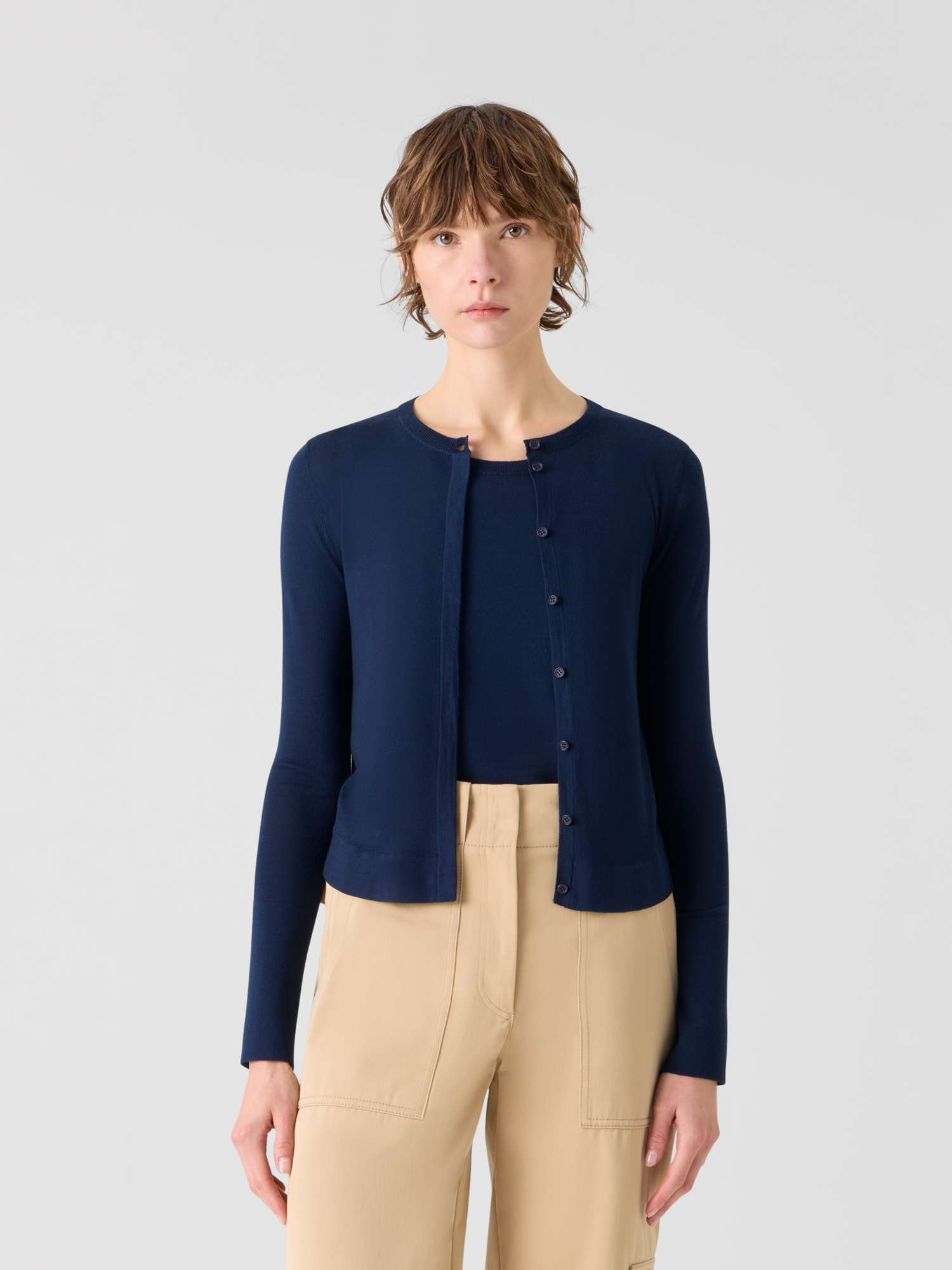 Designer Lightweight Merino Wool Knit Cardigan - navy - blue 