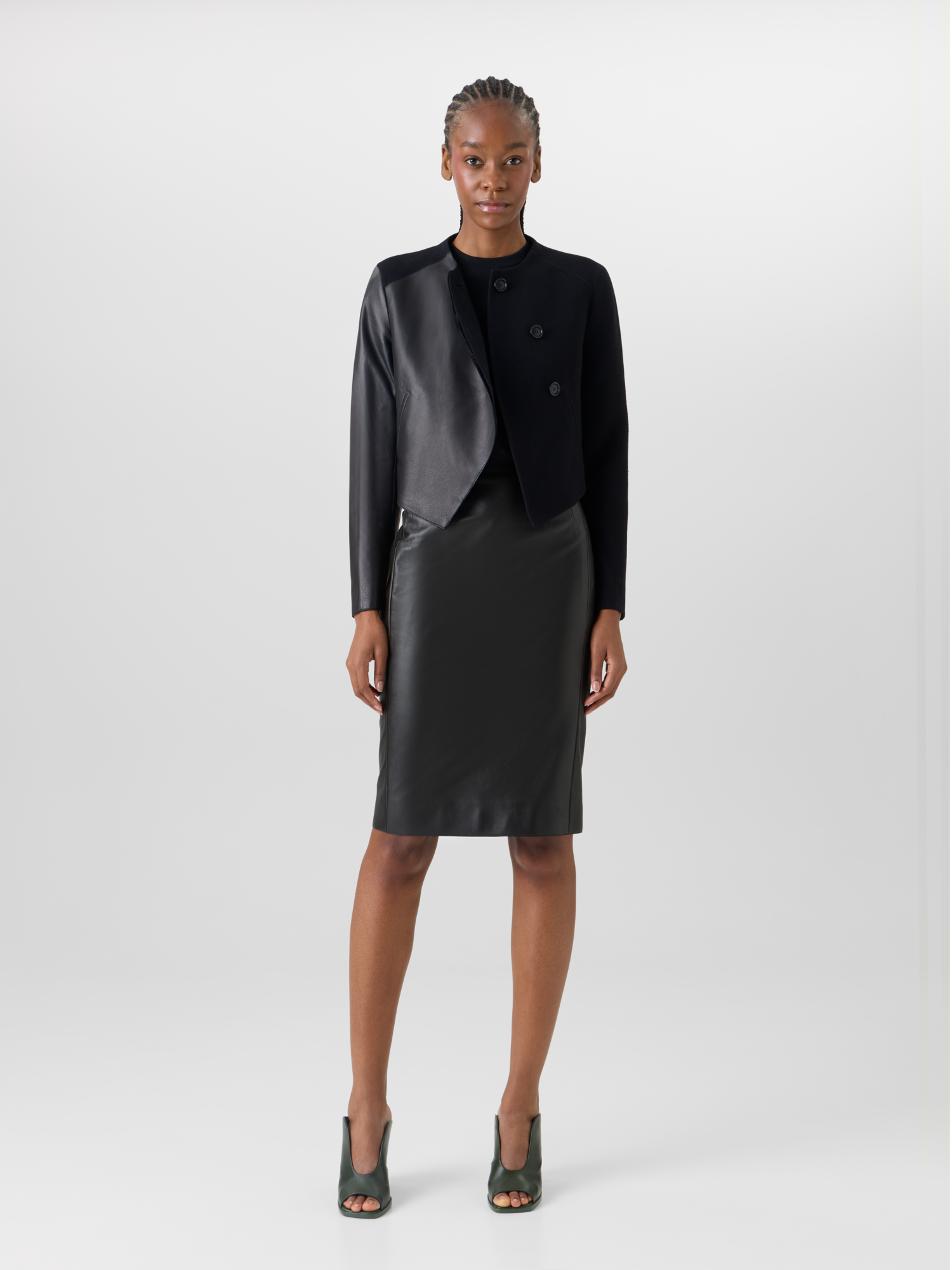 Designer High-Waist Lamb-Nappa Leather Pencil Skirt - black 