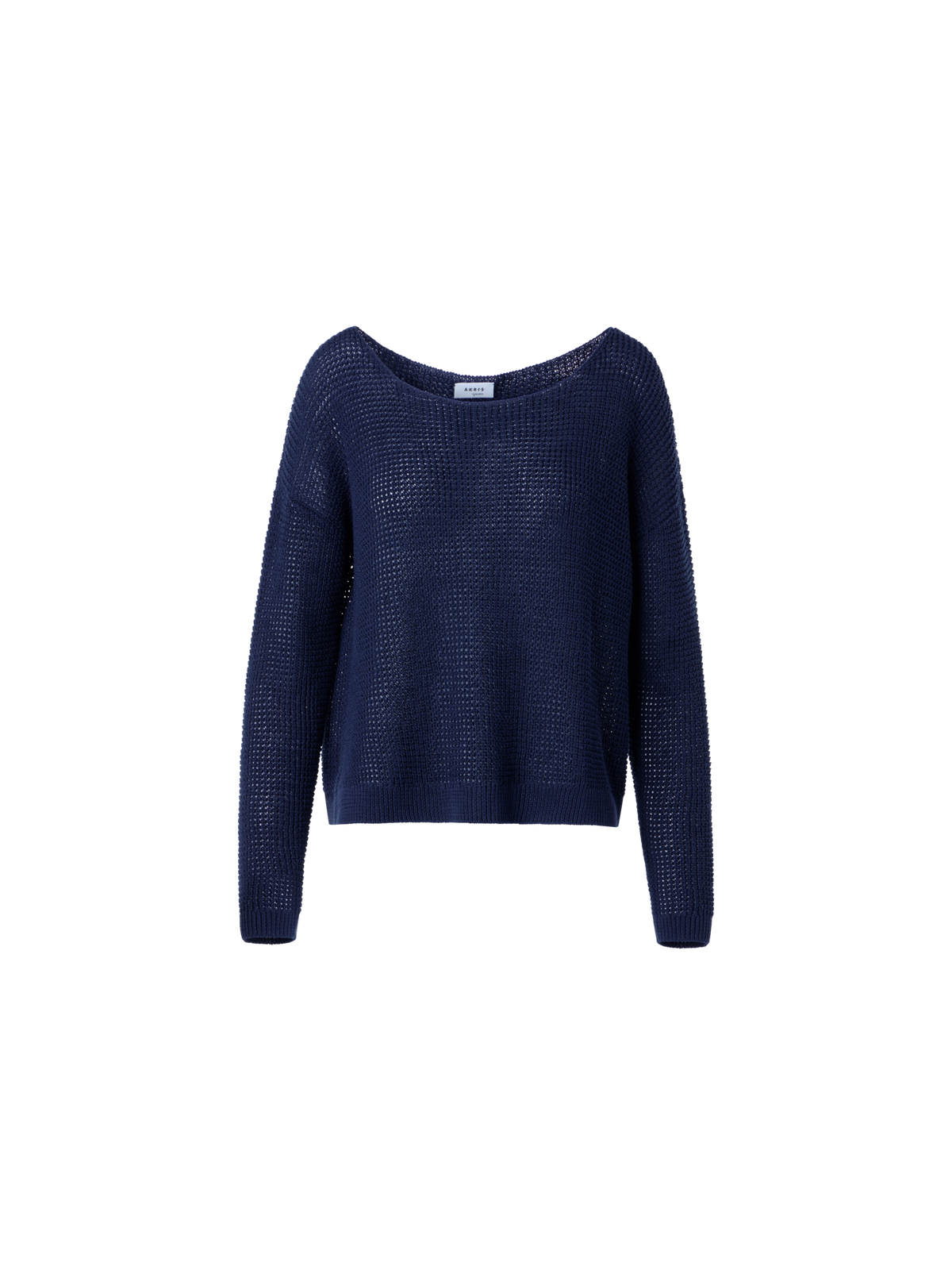 Designer Off-Shoulder Linen-Cotton V-Neck Knit Sweater - navy - blue