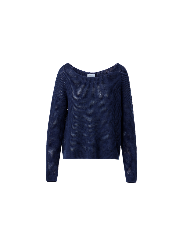 Designer Off-Shoulder Linen-Cotton V-Neck Knit Sweater - navy - blue