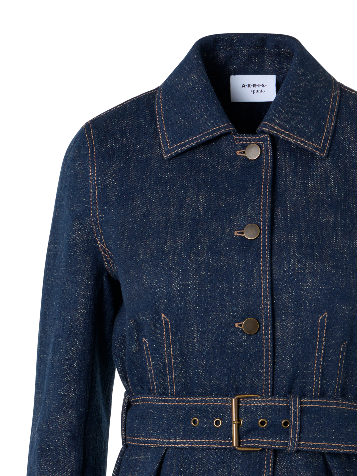 Designer Belted Jacket in Brushed Winter Denim - navy