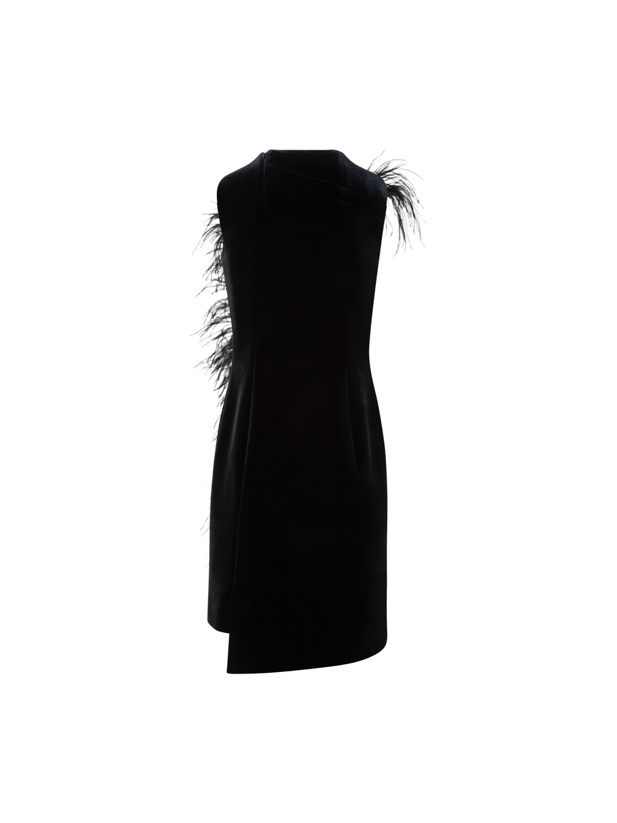 Designer Short Velvet Neoprene Dress with Feather Trim - black - neutral