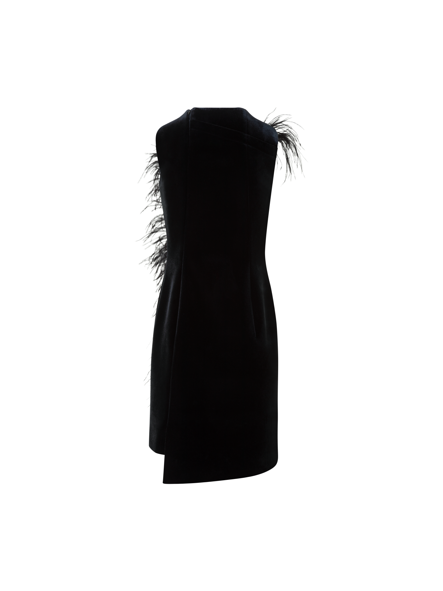 Designer Short Velvet Neoprene Dress with Feather Trim - black - neutral