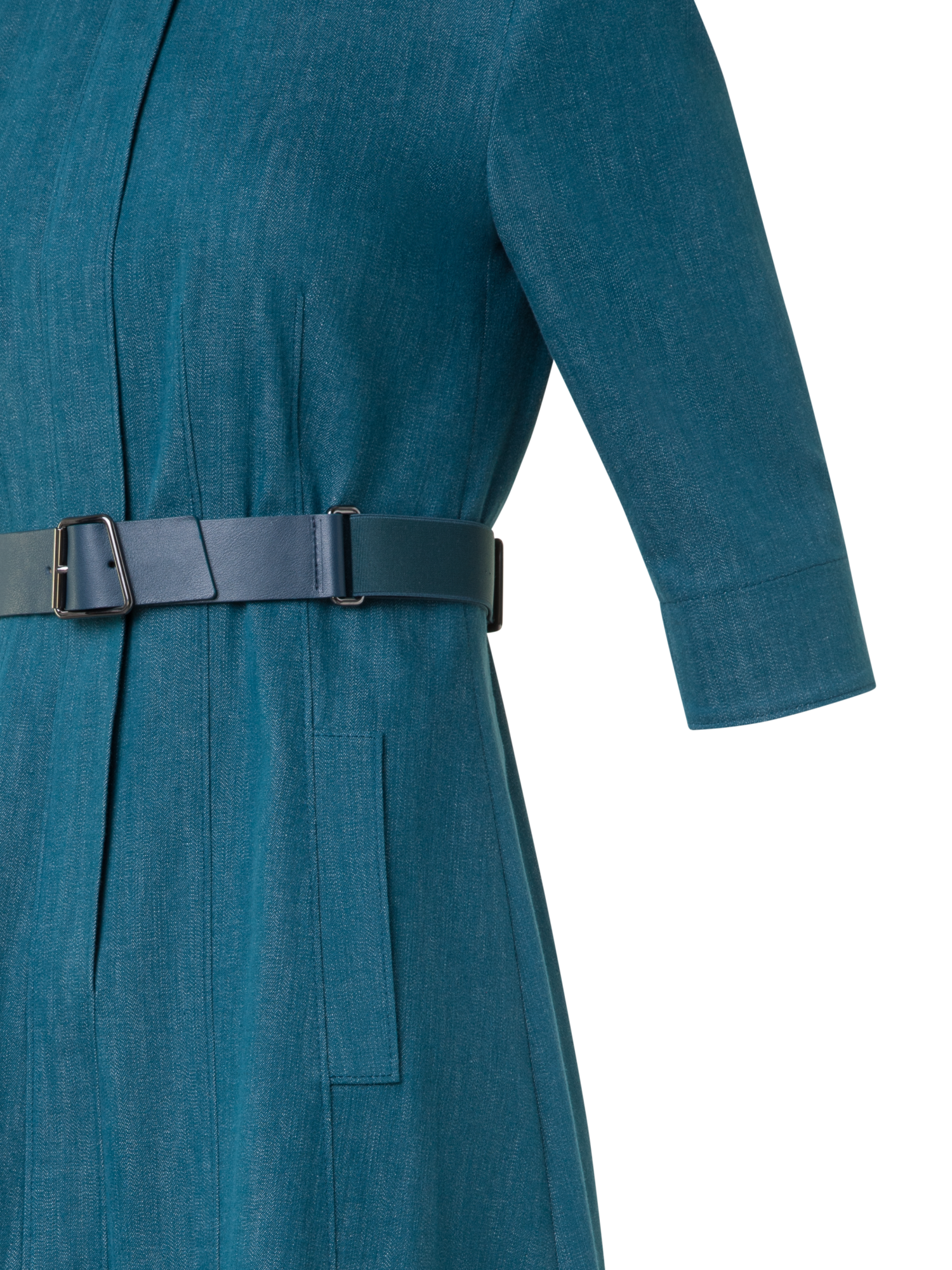 Designer Flared Midi Shirt Dress in Cotton Denim - green