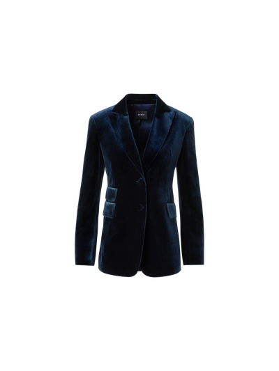 Designer Long Stretch Techno Velvet Blazer Jacket - neutral - navy - blue