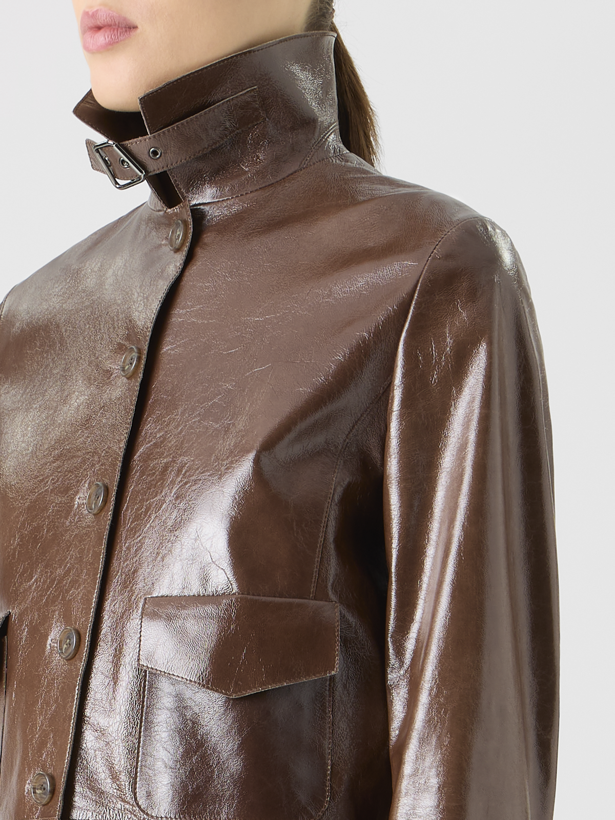 Designer Lacquered Leather Short Jacket - brown #editorial