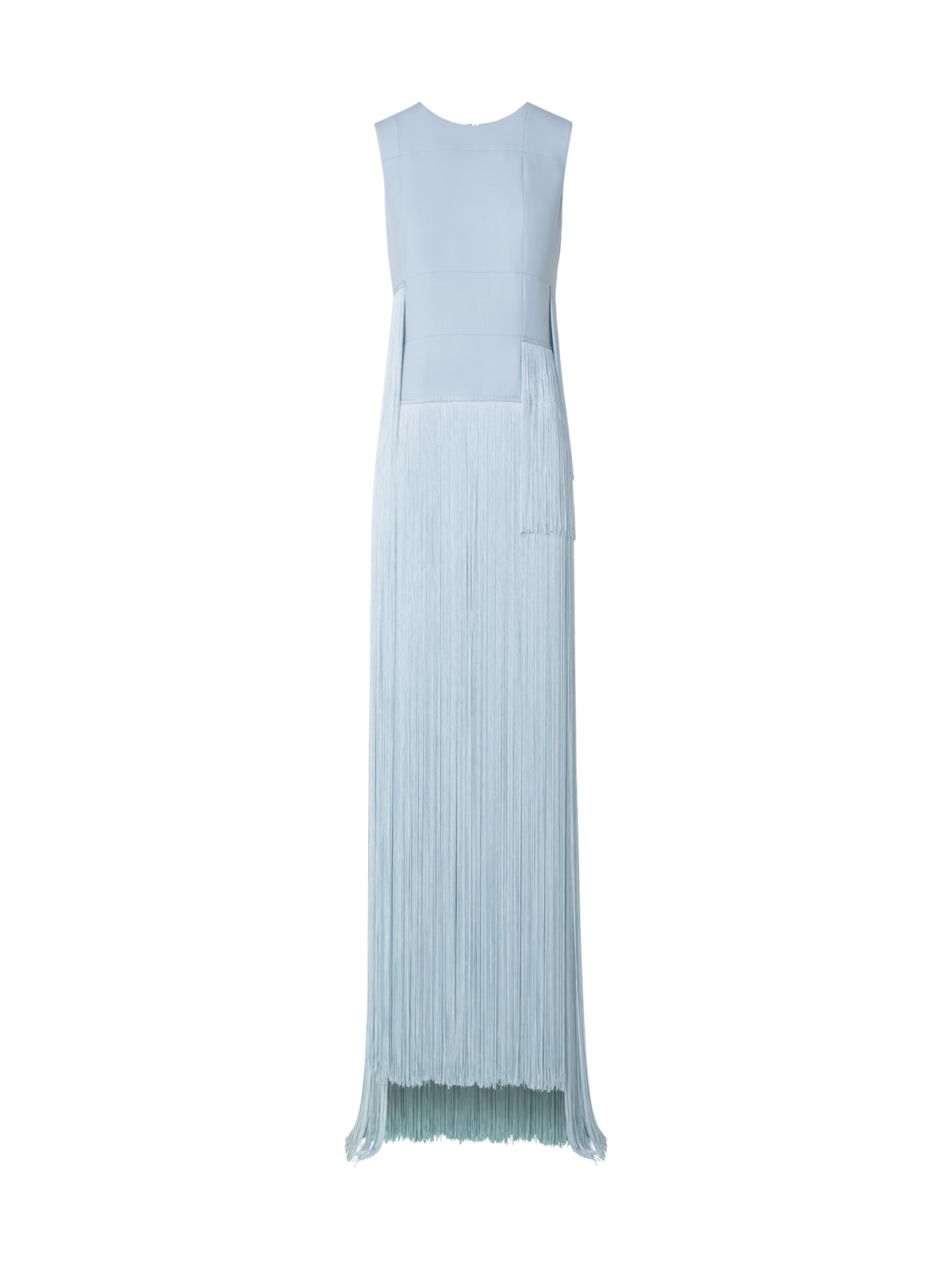 Designer Long Silk Gown with Asymmetrical Fringes - blue