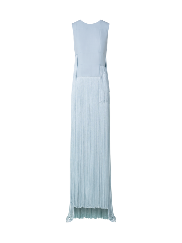 Designer Long Silk Gown with Asymmetrical Fringes - blue
