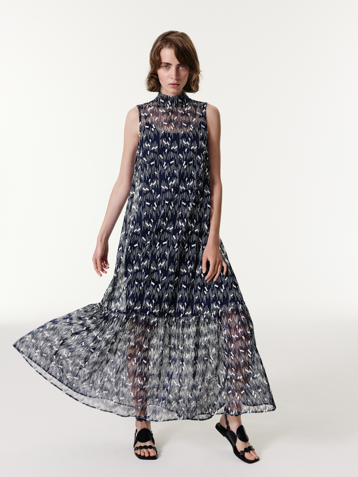 Designer Scribble Dot Embroidered Midi A-Line Dress - blue 