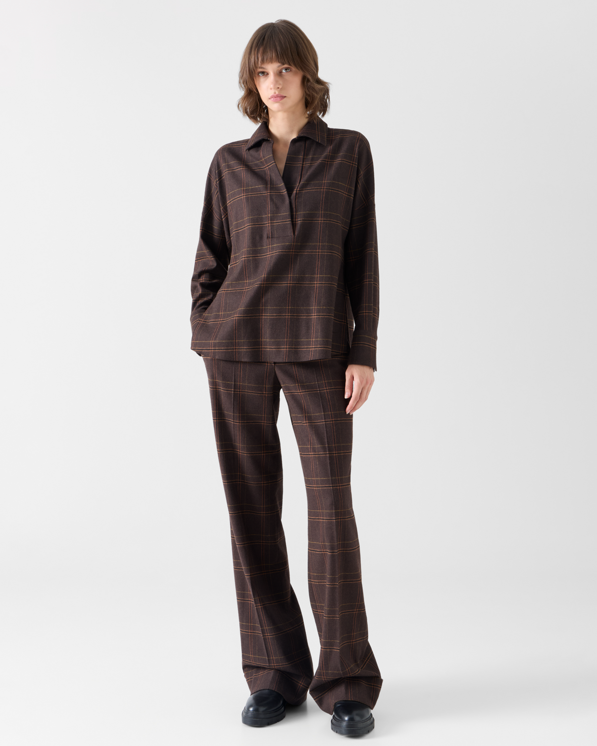 Designer Wide Leg Check Flannel Pants - brown 