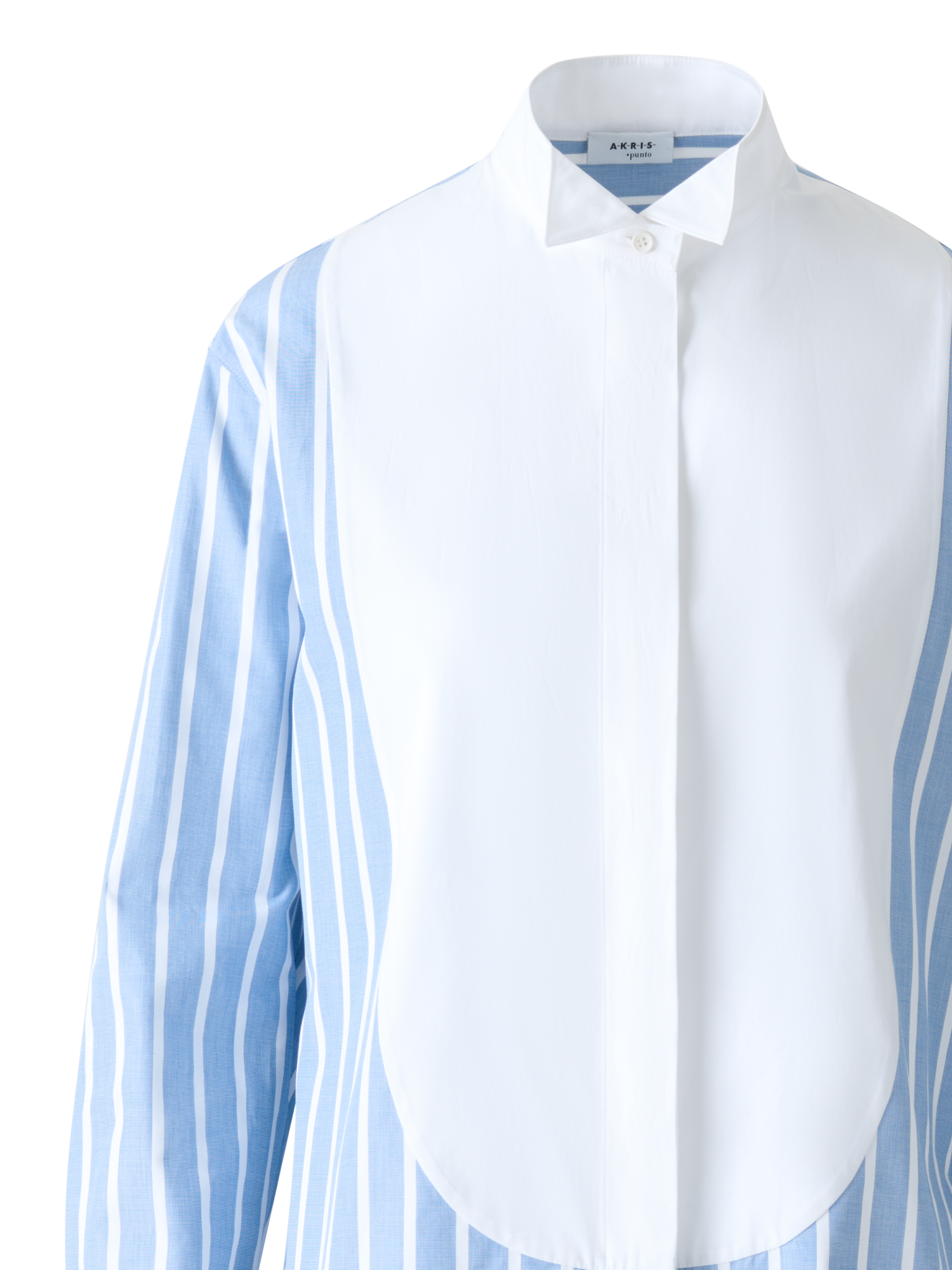 Designer Striped Cotton Tunic Blouse with Big Plastron - blue - multicolor