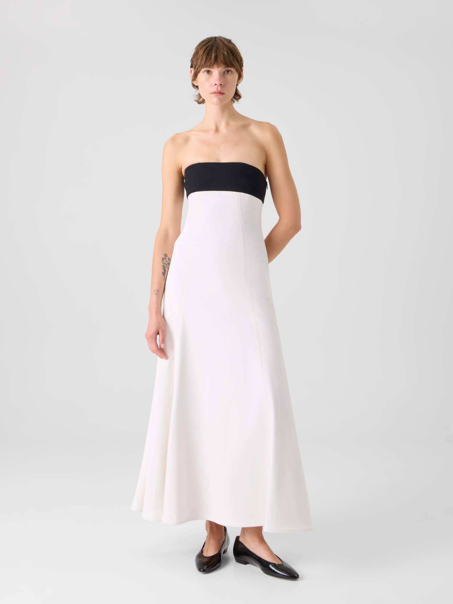 Designer Strapless Denim Midi Dress - ecru 