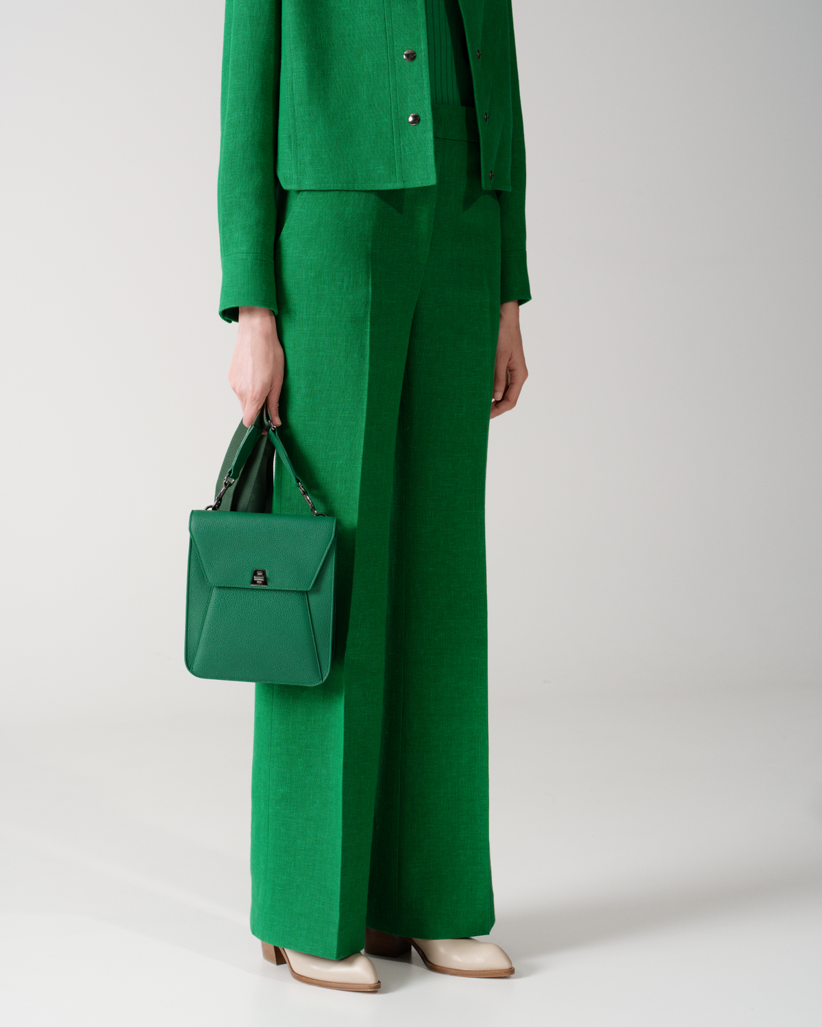 Designer Wide Straight Linen Wool Double-Face Pants - green #editorial
