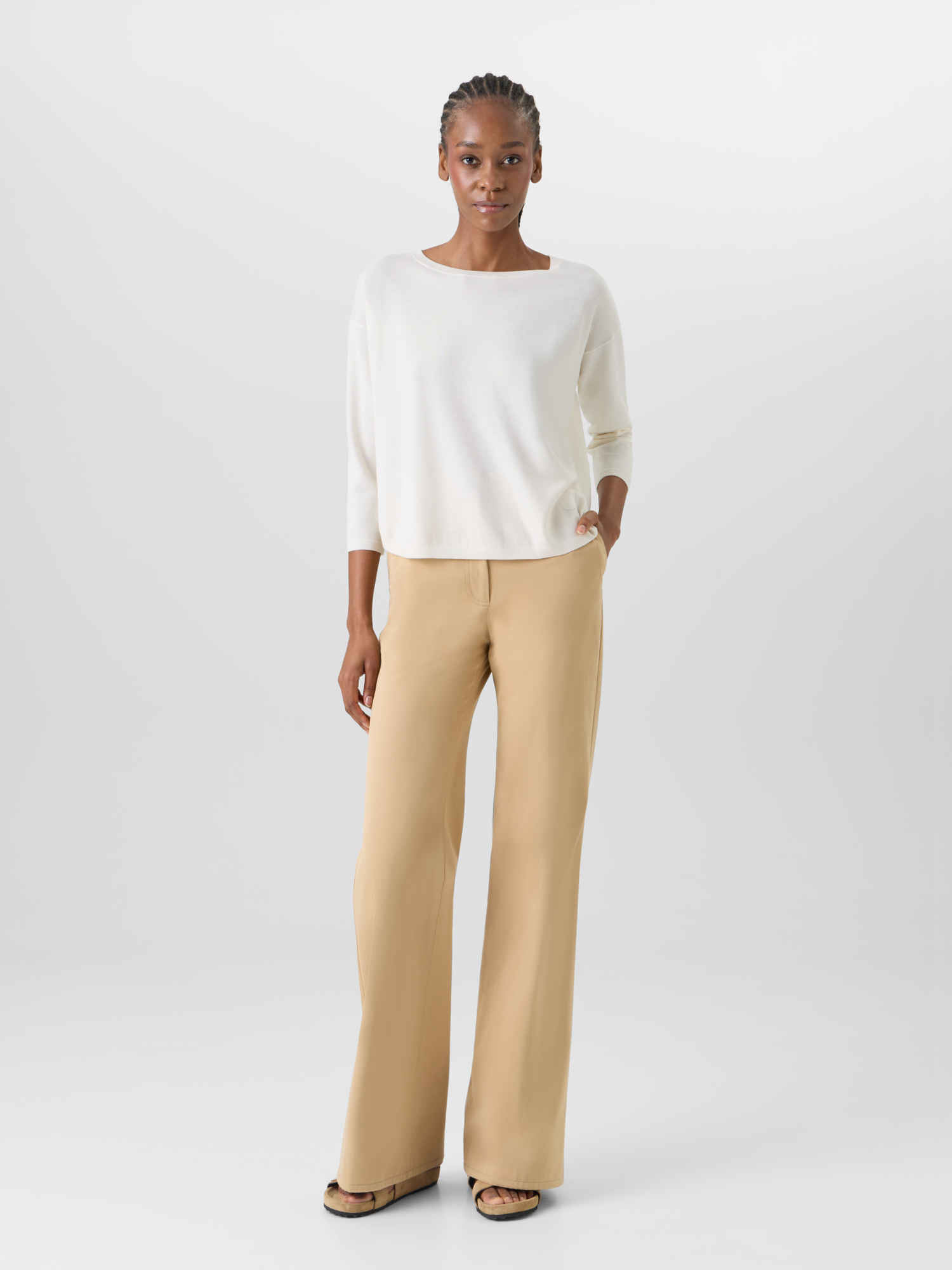 Designer Bracelet-Sleeve Merino Wool Knit Pullover - ecru 