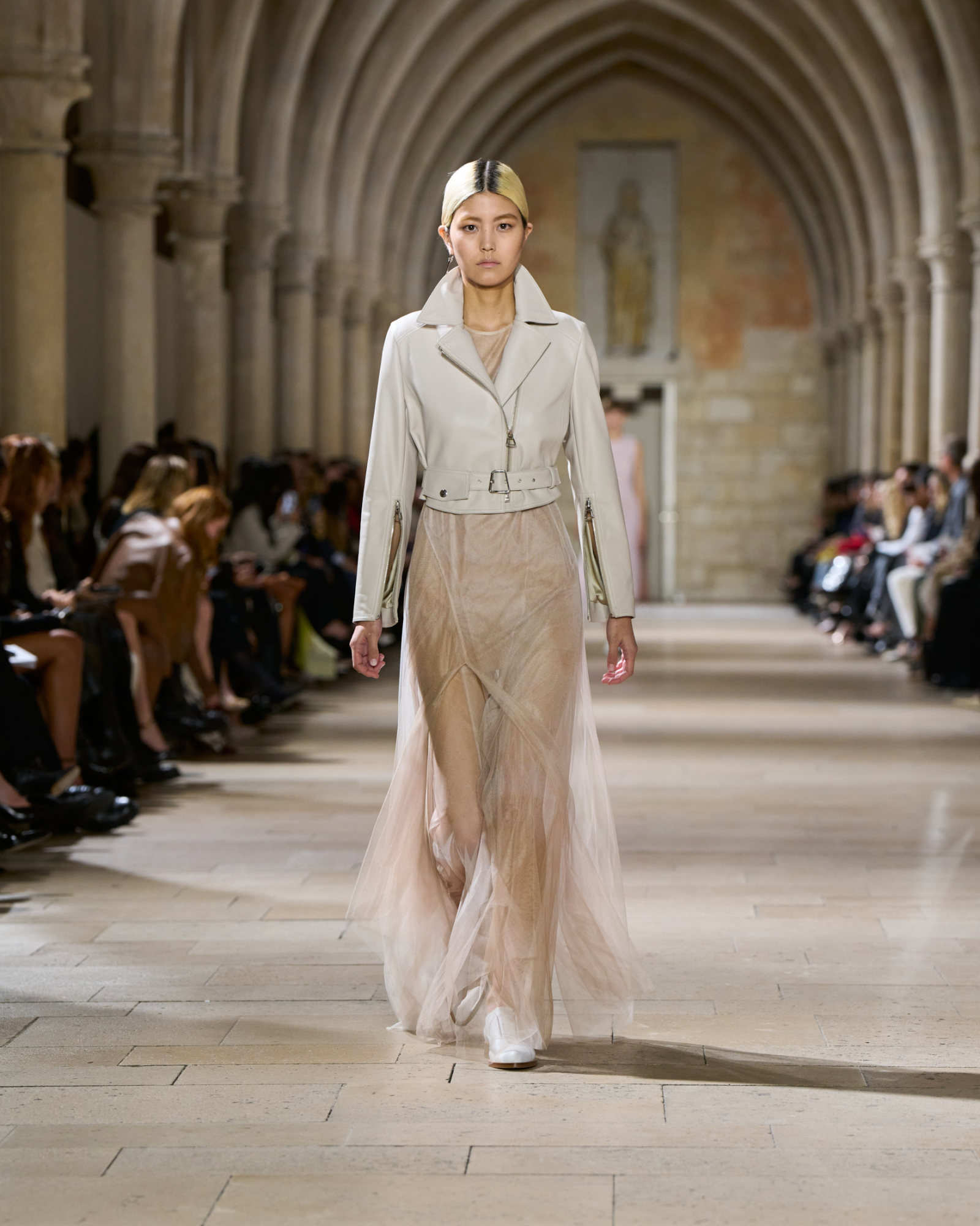 Designer Cropped Leather Biker Jacket - neutral - grey - beige 